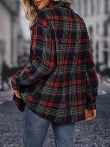 SHEIN LUNE 女式翻領格紋落肩長袖襯衫(荷葉邊下擺) - 彩色 - 查看 2