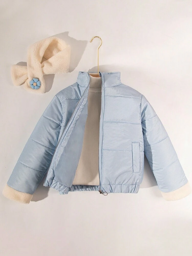 Tween Girl 1pc Contrast Cuff Padded Coat With Floral Applique Scarf