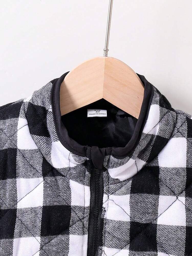 Young Girl Plaid Printed Zip-Up Vest Padded Coat