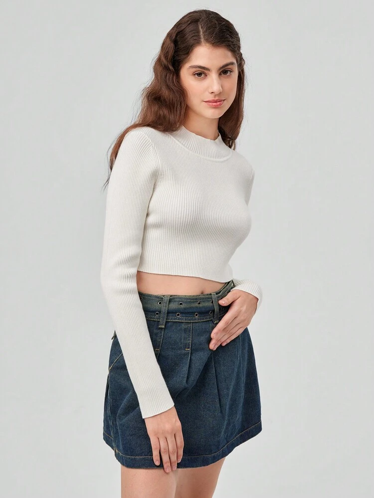 White Round Neck Long Sleeve Women's Sweater
