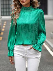 SHEIN LUNE Crocodile Embossed Flounce Sleeve High Neck Blouse - Green - View 6