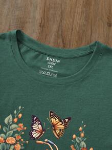 INAWLY 大码女式蝴蝶与花卉印花夏季 T 恤 - 青碧色 - 查看 3