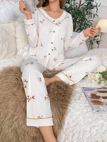 印花拼接滾邊睡衣套裝 - 白色 - 查看 3