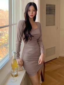 DAZY Của phụ nữ Cổ vuông Tay áo dài Xếp li Đầm - Màu Khaki - Xem 3