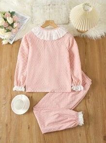 Tween Girl Contrast Schiffy Flounce Sleeve Top & Pants PJ Set - Dusty Pink - View 2