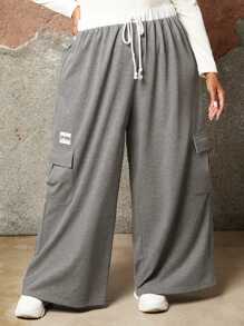 SHEIN CURVE+ Hơn Eo dây rút Túi nắp bên cạnh Quần thể thao - Nhiều màu - Xem 1