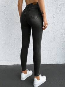 EURMUSE Fleece Lined High Waist Slim Fit Jeans - Dark Grey - View 2