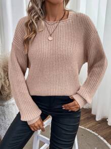 SHEIN LUNE Solid Drop Shoulder Knit Pullover Fall Winter Sweater - Khaki - View 5