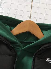 SHEIN Young Boy Letter Patched Vest Coat & Thermal Hoodie & Sweatpants - Army Green - View 4