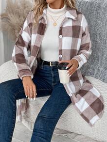 SHEIN Privé 格紋印花落肩袖弧形下擺外套 - 棕色 - 查看 5