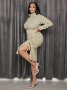 SHEIN SXY Plus Drawstring Side High Neck Bodycon Dress - Khaki - View 6