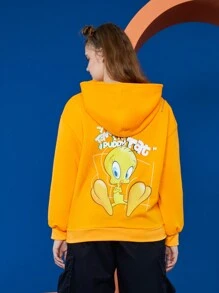 LOONEY TUNES X SHEIN Sudadera con capucha de talla grande con gráfico de dibujos animados y eslogan, hombros caídos y cordón ajustable - Naranja - Ver 1