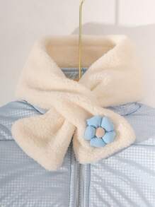 SHEIN Tween Girl 1pc Contrast Cuff Padded Coat With Floral Applique Scarf - Blue - View 4
