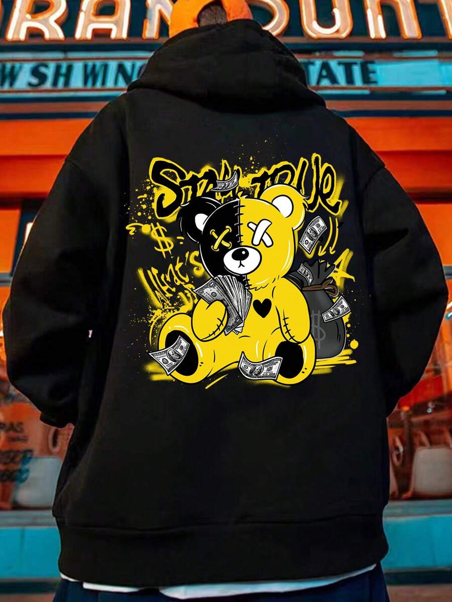 Manfinity RebelGame Plus Size Loose Cartoon & Letter Printed Hoodie For Men - Black - View 1