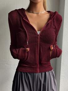 DAZY Solid Zip Up Drawstring Hooded Sweatshirt,Long Sleeve Tops Jacket Hoodies - Burgundy - View 3