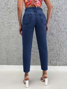SHEIN Cottnline Women's Solid Color Tapered Jeans - Dark Wash - View 2