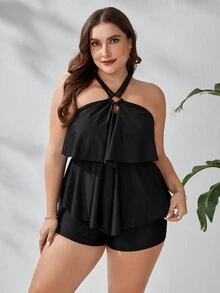 SHEIN Swim Curve Plus Ring Linked Crisscross Tie Backless Ruffle Hem Tankini - Black - View 5