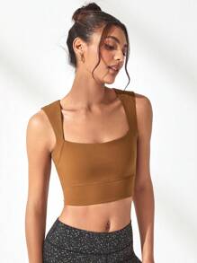SHEIN Sports Solid Crop Sports Tank Top - Brown - View 7