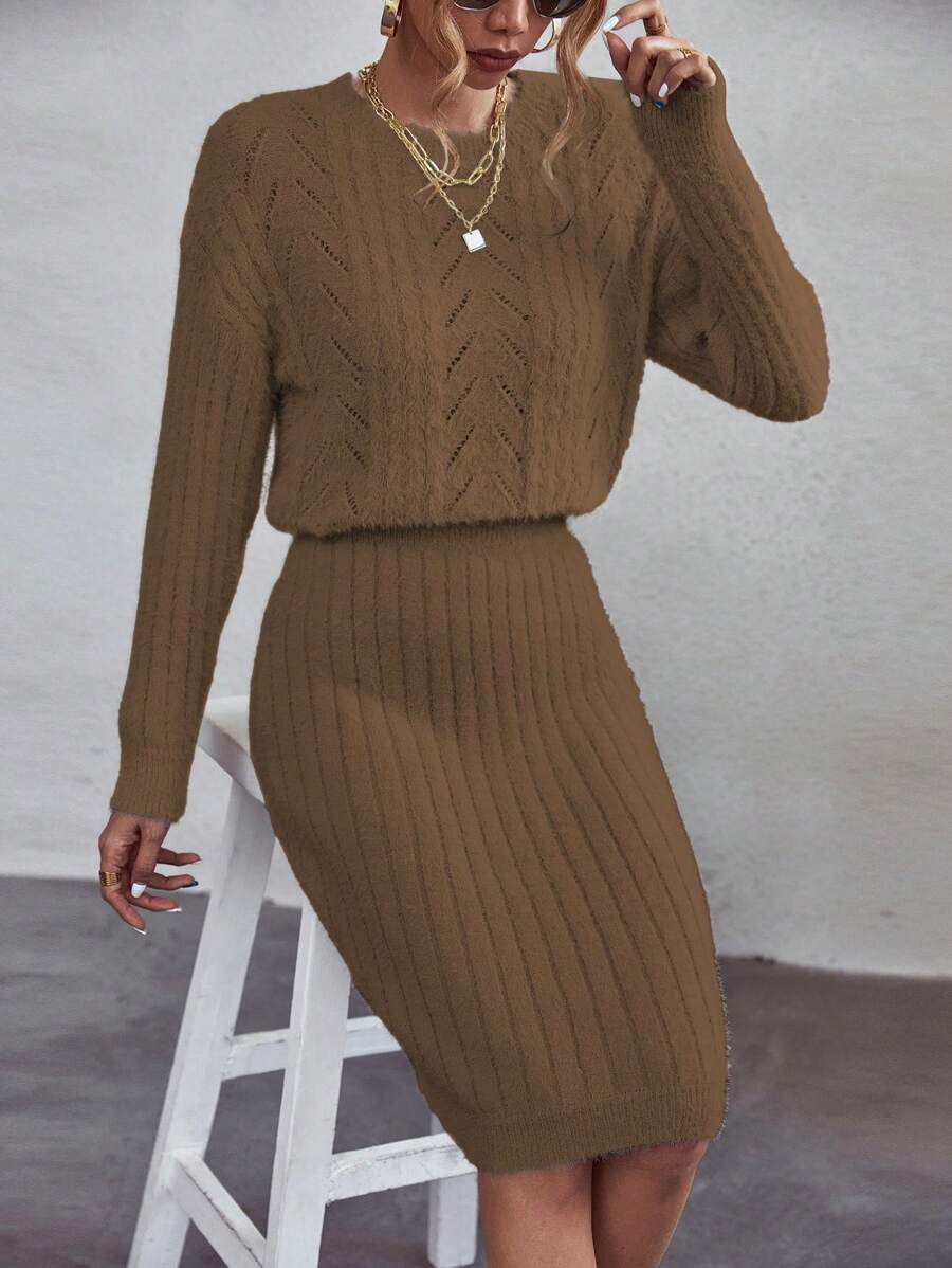 SHEIN Essnce Vestido de punto unicolor de hombros caídos - Camel - Ver 1