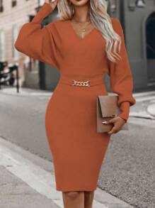 SHEIN Clasi Surplice cổ tay cánh Đầm Áo len Không có thắt lưng - Gỗ đỏ - Xem 3