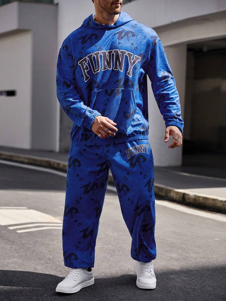 Manfinity LEGND Men Plus Letter Graphic Hoodie & Sweatpants - Blue - View 1