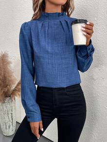 SHEIN Clasi Solid Mock Neck Puff Sleeve Blouse - Blue - View 4