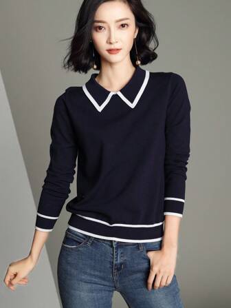 Contrast Trim Sweater,Long Sleeve Tops
