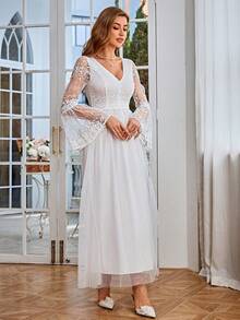 Simplee Contrast Lace Flare Sleeve Mesh Overlay Formal Dress - White - View 4