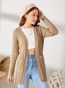 SHEIN 少女双口袋粗针织开衫 - 駝色 - 查看 4