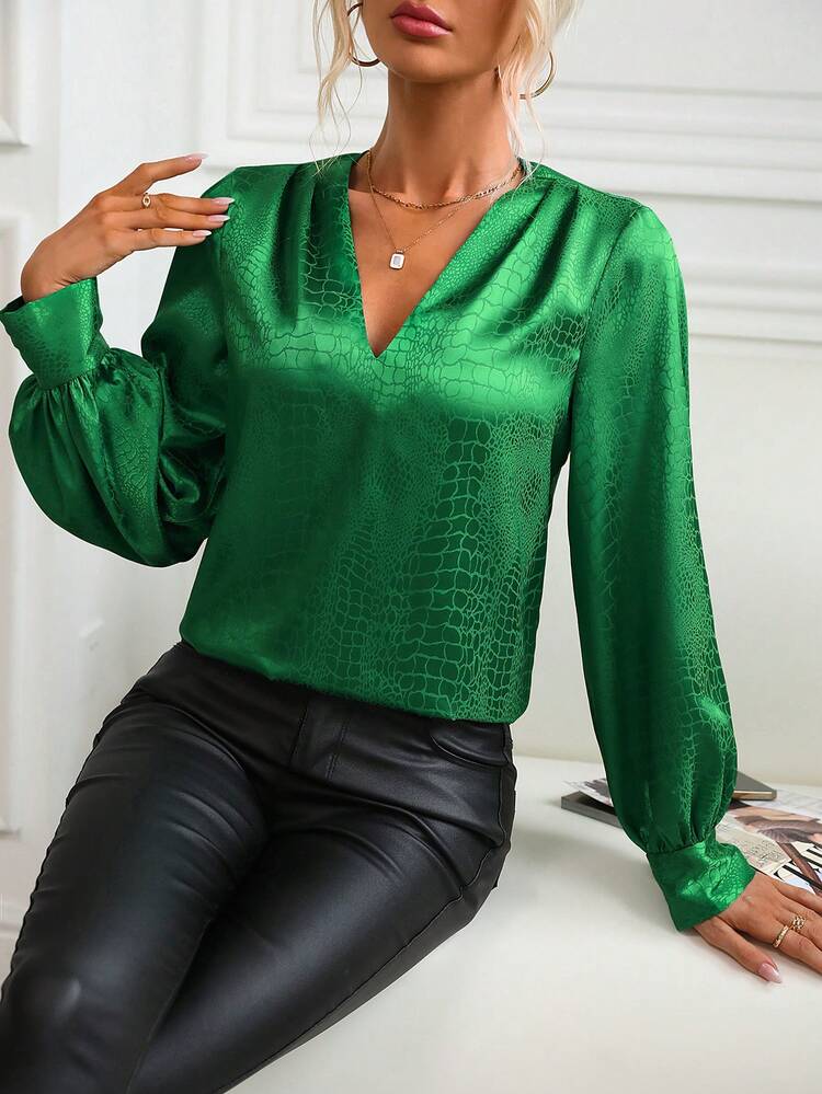 Solid V Neck Lantern Sleeve Crocodile Jacquard Blouse
