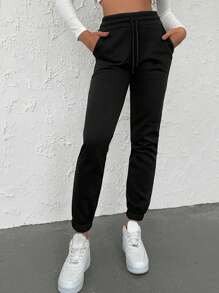RueChic Drawstring Waist Slant Pocket Joggers - Black - View 3