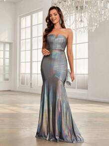 SHEIN Belle Vestito Formale Serale Da Donna Con Coda A Sirena In Tessuto Laser - Argento - Visualizzare 6