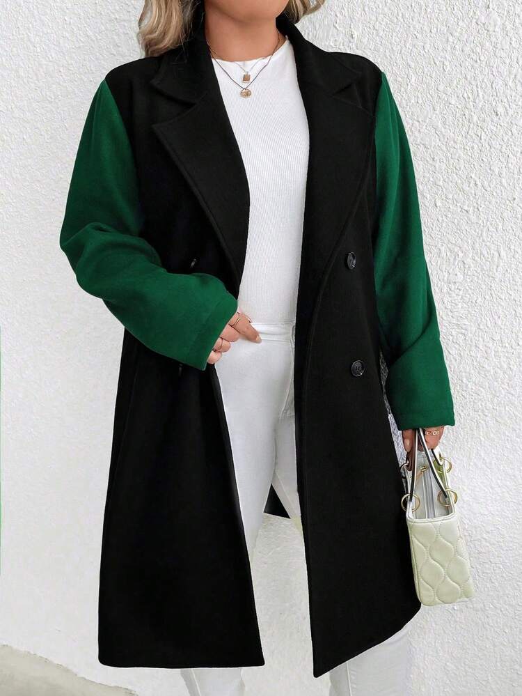 Plus Two Tone Lapel Neck Double Breasted Overcoat Fall Cloth For Women