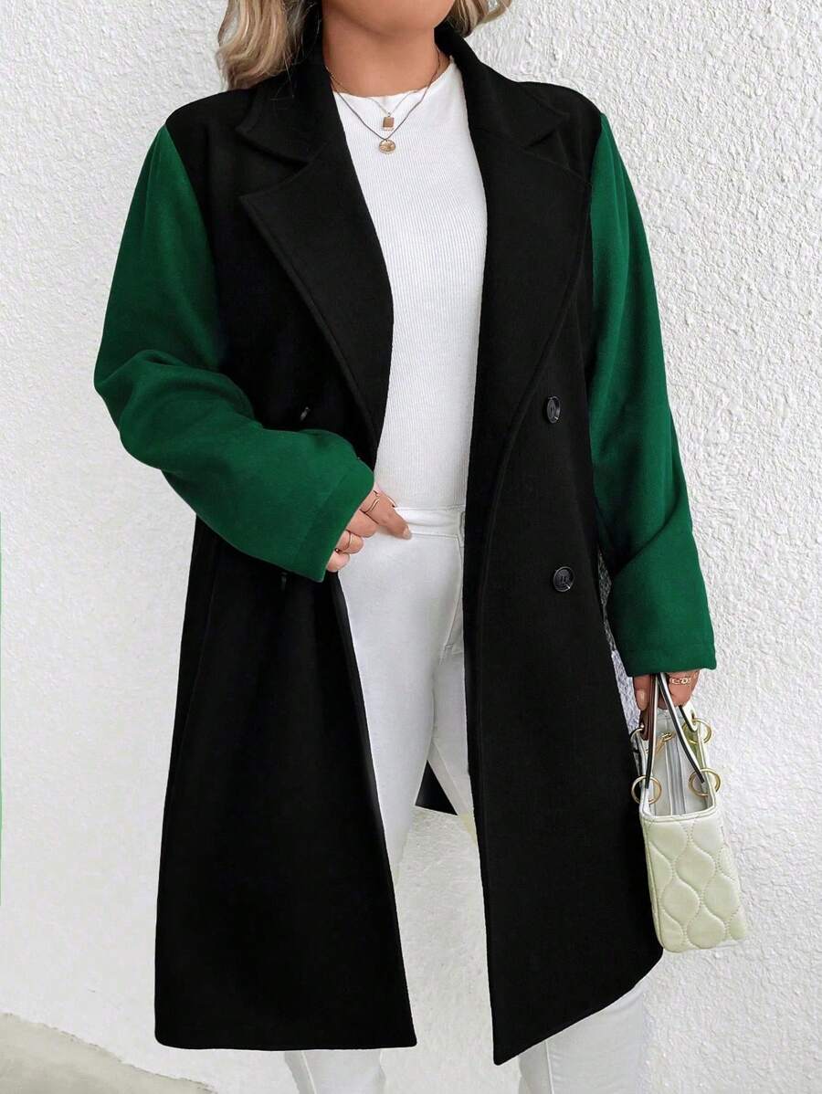 SHEIN LUNE Plus Two Tone Lapel Neck Double Breasted Overcoat Fall Cloth For Women - Black - View 1