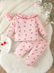 SHEIN 女嬰櫻桃圖案荷葉邊睡衣套裝 - 粉色 - 查看 2