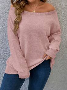 Calvaya Plus Off Shoulder Drop Shoulder Sweater Knit Pullover Fall Winter Sweater - Pink - View 4