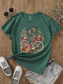 INAWLY 大码女式蝴蝶与花卉印花夏季 T 恤 - 青碧色 - 查看 1