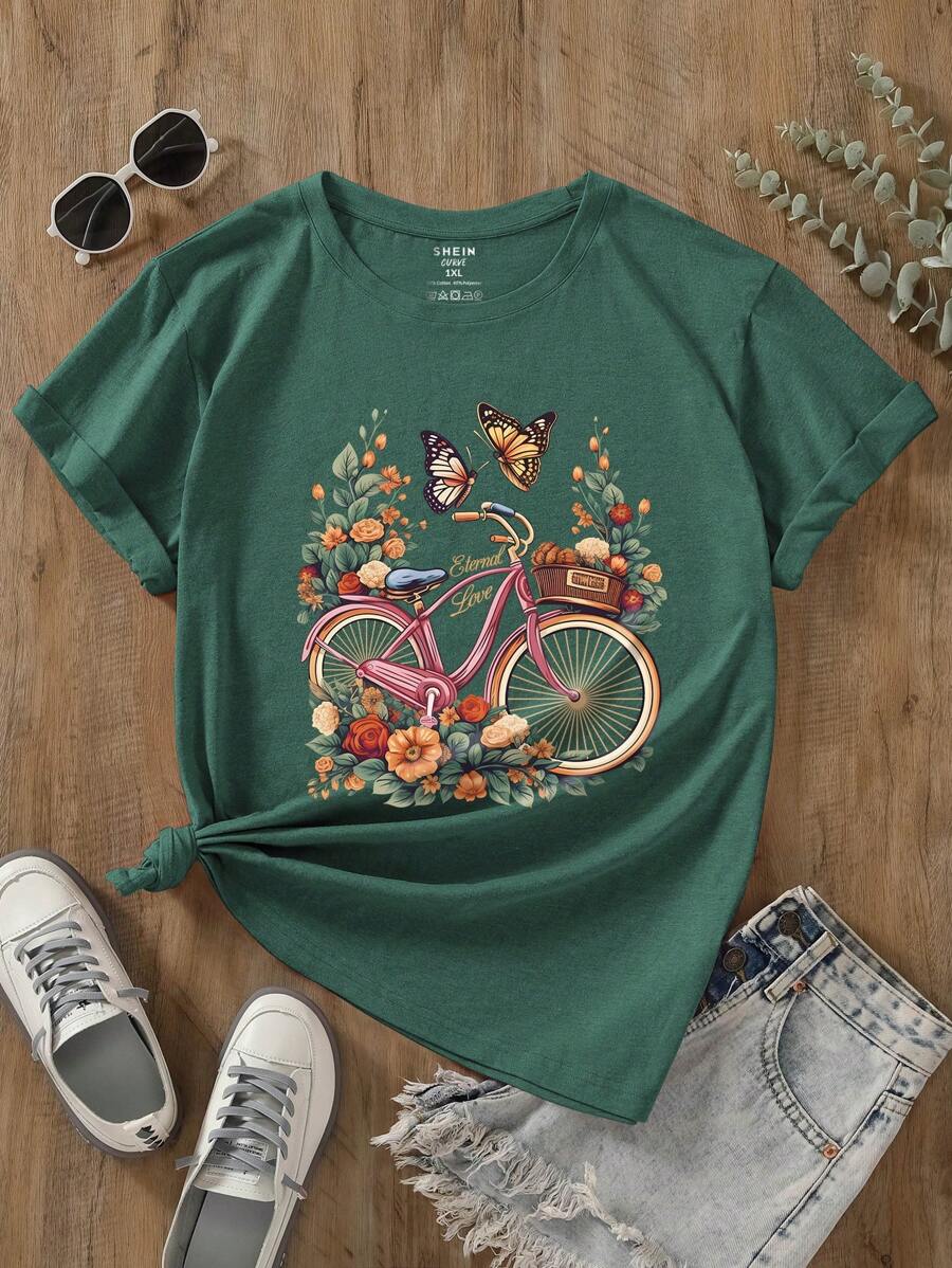 INAWLY 大码女式蝴蝶与花卉印花夏季 T 恤 - 青碧色 - 查看 1