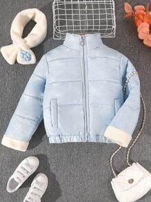 SHEIN Tween Girl 1pc Contrast Cuff Padded Coat With Floral Applique Scarf - Blue - View 1