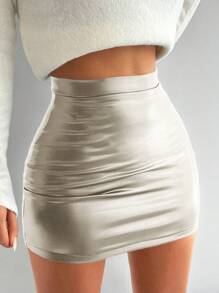 EURMUSE Solid PU Bodycon Skirt - Beige - View 3