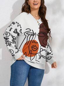 SHEIN LUNE Plus Size Women's Abstract Figure Printed Sweatshirt Pullover Fall Sweatshirt - White - View 4