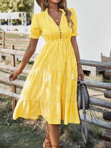 Breezaya Vertical Striped Flounce Sleeve Tassel Tie Neck Ruffle Hem Dress - Yellow - View 4