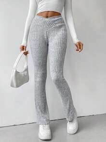 SHEIN Essnce 素色喇叭條紋針織長褲 - 灰色 - 查看 3