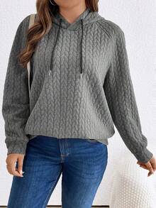 SHEIN LUNE 加大码麻花针织插肩袖抽绳卫衣 - 灰色 - 查看 3