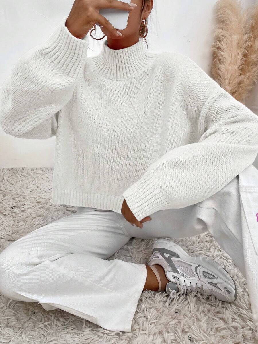 SHEIN LUNE Suéter de cuello alto con hombros caídos, blusas de manga larga - Blanco - Ver 1