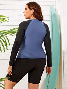 Swim SPRTY Plus Colorblock Zip Front Tankini With Long Sleeve - Multicolor - View 2