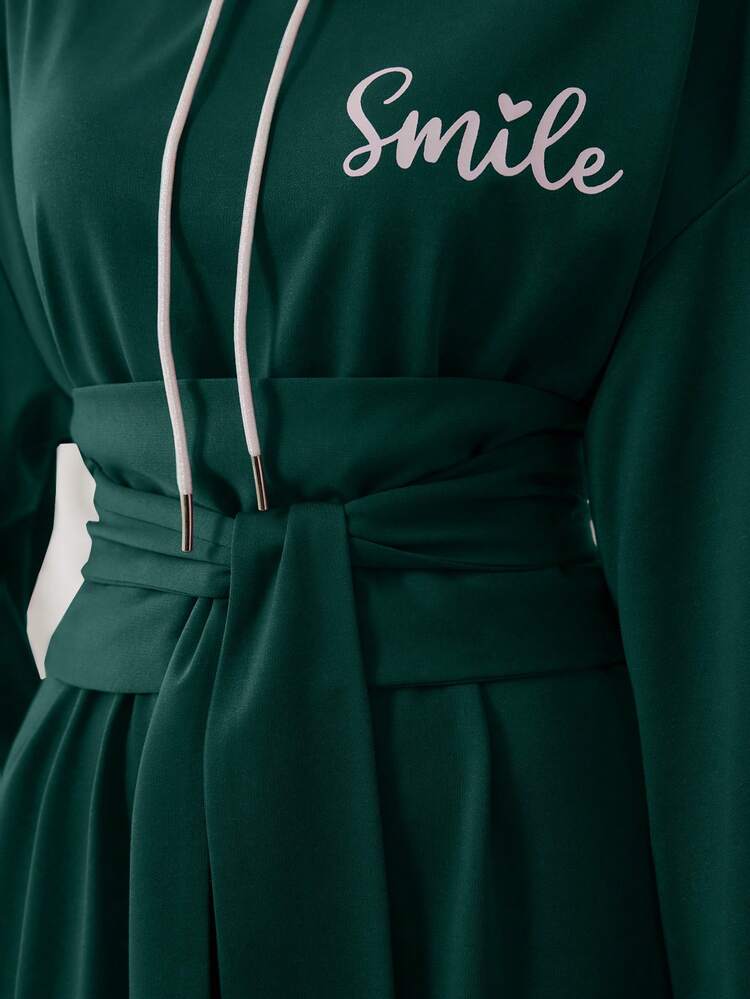 Letter Graphic Drop Shoulder Belted Hooded Dress