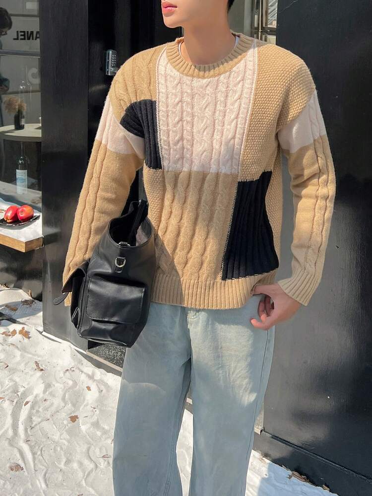 Men Color Block Cable Knit Drop Shoulder Sweater