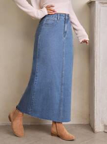 SHEIN LUNE Thêu hoa Tách rời Váy Denim - Màu xanh lam - Xem 6