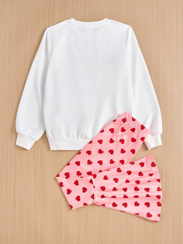 Tween Girls' Knitted Letter Embroidery Sweatshirt And Flared Pants Set With Heart Pattern